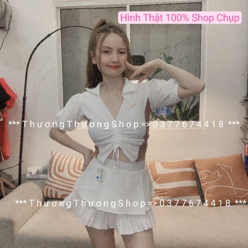 Áo Croptop cổ chữ V sơ mi tay ngắn RÚT DÂY PHỐI MÀU 2 BÊN chất thun gân mềm mại //Thương 90 Shop