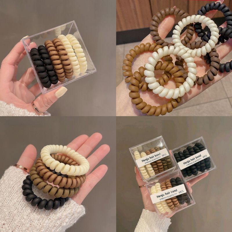 Set 6 Dây Buộc Tóc Lò Xo Dày Dặn Co Giãn Màu Trà Sữa Tặng Kèm Hộp Đựng Vuông