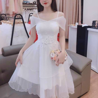 Váy đầm trễ vai dự tiệc chất bông cổ dây vai trễ có mút eo ôm dáng váy xoè xếp tầng maxi sang chảnh tôn dáng trẻ trung