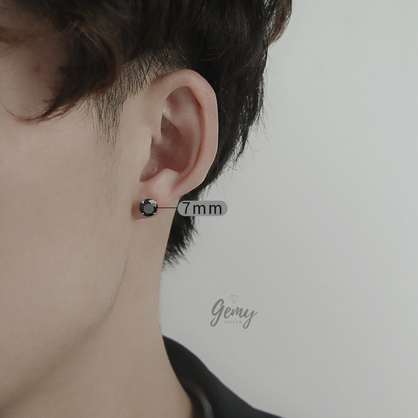 Khuyên tai nam bạc s925 màu đen nụ đá nhân tạo nhiều size đơn giản, unisex (1 chiếc) | GEMY SILVER K256