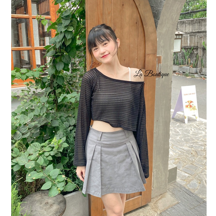 Áo croptop lưới tay dài La Boutique cổ tròn rộng trễ vai form rộng dễ phối đồ