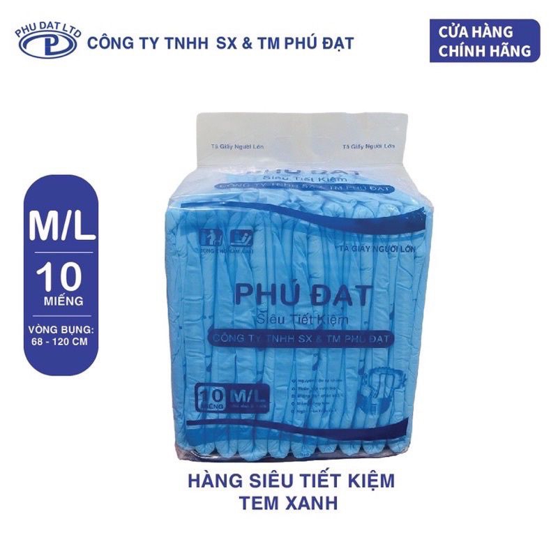 1 gói 10 miếng bỉm dán xanh trần người già siêu tích kiệm CAORZIN / Phu Dat vòng hông 68 - 120cm