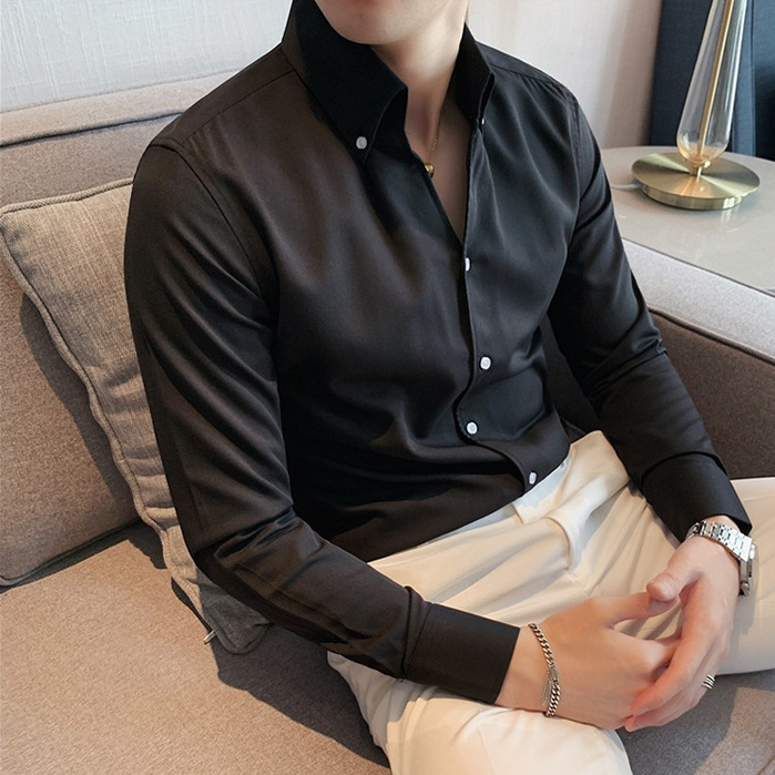 Áo sơ mi cổ V nam nữ dài tay Hàn Quốc vải lụa trơn chống nhăn, dáng ôm cao cấp | BigBuy360 - bigbuy360.vn