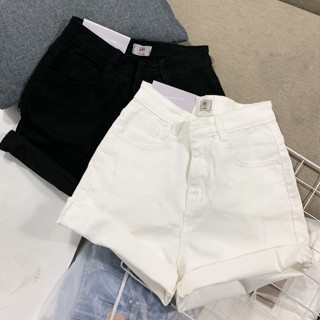 [ nhatran CO DÃN] Quần đùi short jean nữ phom ôm trơn cạp cao lai gấp màu trắng đen Pants MS022-013