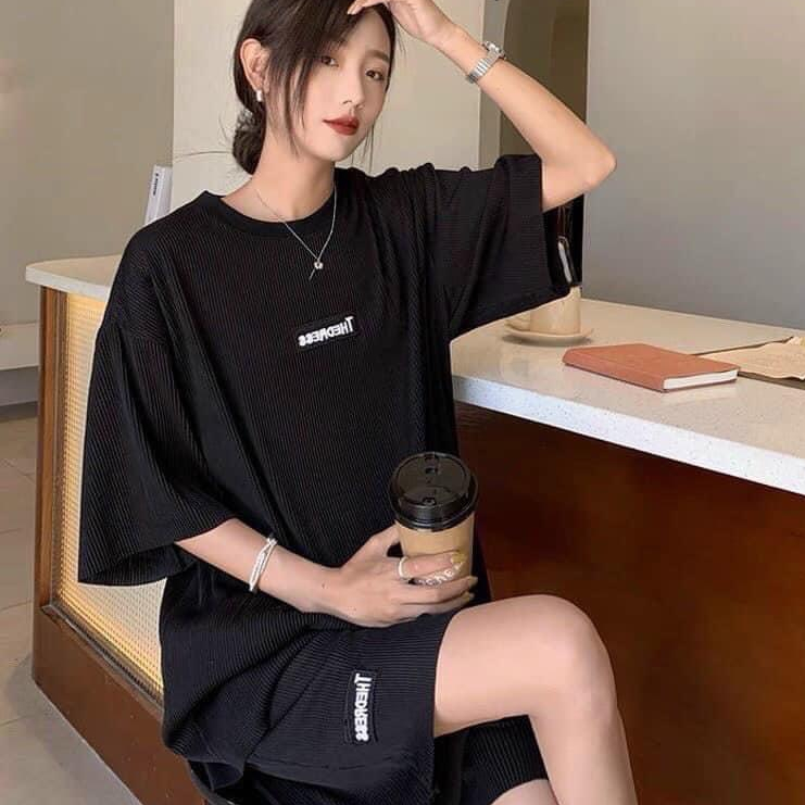 Set bộ thể thao nam nữ UNISEX chất  nhung tăm thêu logo THEDRESS màu trắng đe- áo thun tay lỡ kèm quần short đùi ulzzang