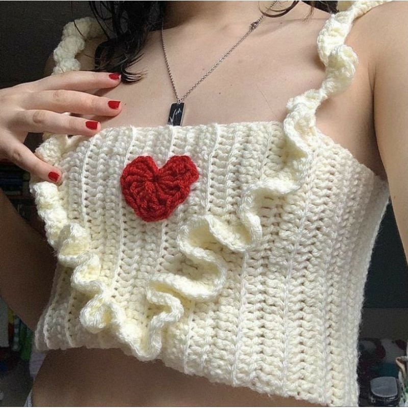 áo hai dây bèo nhún có trái tim ở giữa/áo croptop/áo ngắn