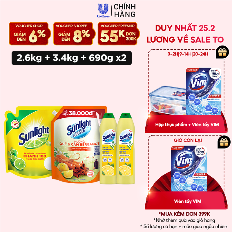 Combo 4 Trọn bộ Sunlight dọn Tết: Nước rửa chén Chanh 2.6kg + Nước lau sàn Quế Cam 3.4kg + 2 Kem tẩy 690g