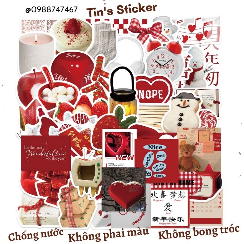 Set combo 50 miếng dán sticker retro màu đỏ dán nón mũ bảo hiểm laptop vali sổ tay đàn guitar tủ lạnh xe máy điện thoại