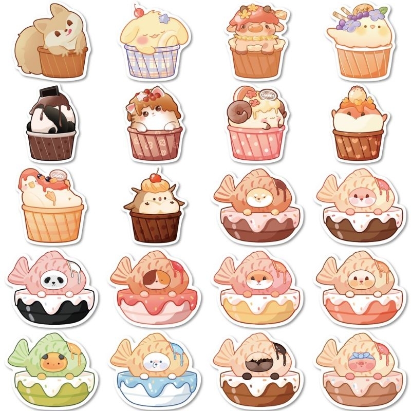 Set combo 40 miếng dán sticker động vật đồ ăn dễ thương animals food dán nón mũ bảo hiểm laptop vali sổ tay đàn guitar