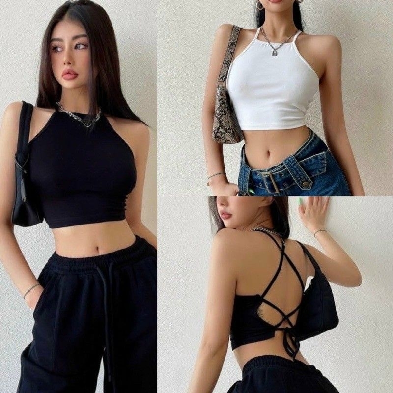 Áo cổ yếm cột dây chéo sau lưng, có mút ngực, chất thun gân