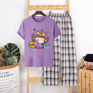 Sét Bộ Quần Áo Ulzzang Girl Style Nữ Ngắn Tay Mặc Đi Chơi, Áo Cotton In 3D Cartoon Gấu Tham Ăn Mix Quần Ống Rộng Kẻ Đen