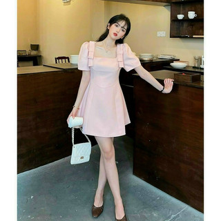 Váy dự tiệc bigisze dáng chữ A cổ vuông tay phồng nơ vai màu hồng và màu đen, váy công sở bigsize Linhnastore
