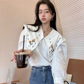 Áo sơ mi thô cổ thêu hoa vintage