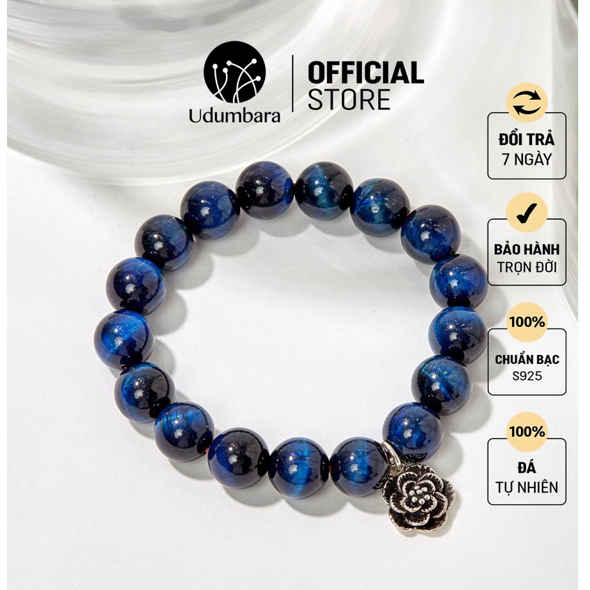Vòng tay nữ đá mắt hổ xanh dương charm hoa bạc s925 chiêu tài may mắn phong thủy Udum quà biếu tặng sang trọng.