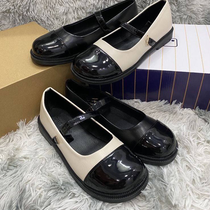 Giày búp bê nữ mũi tròn Doll⚡ GIÁ SỐC ⚡Giày bệt nữ đế bằng dây cài 2 màu kem-đen phong cách Ulzzang thời trang Hàn Quốc