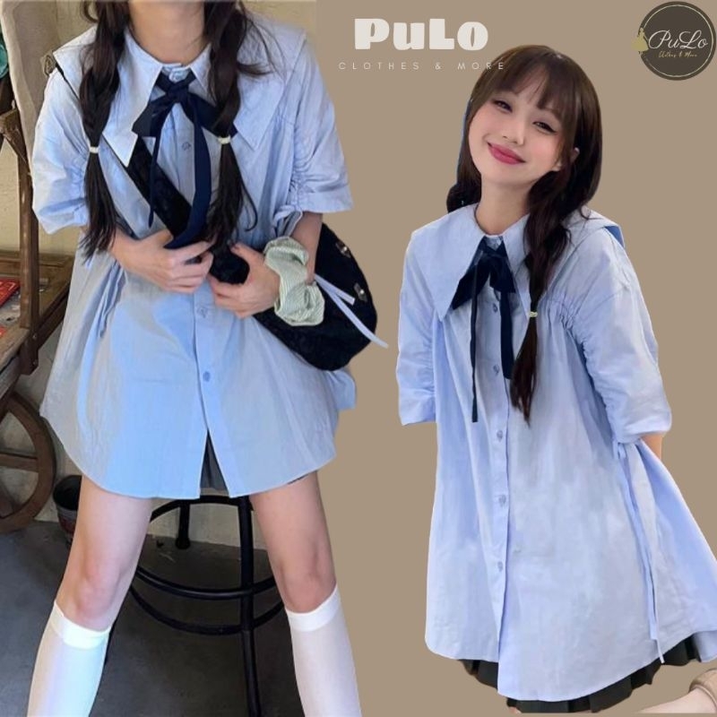 [Mã FATREND02 giảm đến 30k đơn 99k] Áo sơ mi xanh ngắn tay cổ bẻ bản lớn dây nơ tiểu thư nữ sinh Hàn Quốc A102
