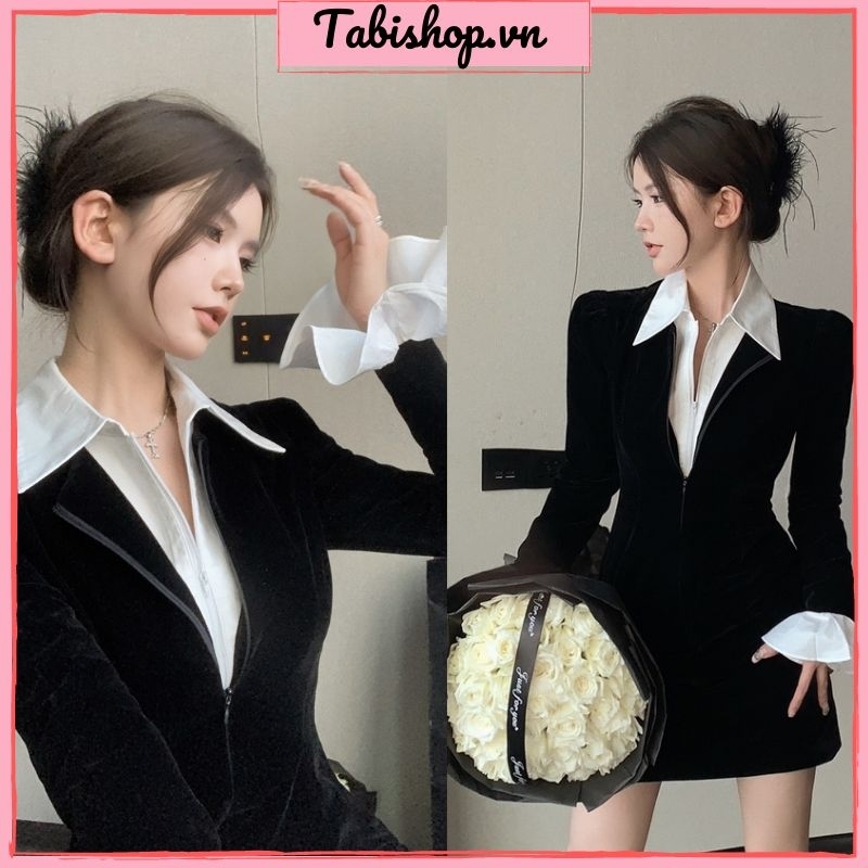Đầm body phối sơ mi tay loe TABISHOP Váy nữ ôm body đen trắng sang chảnh đi dự tiệc đi chơi hottrend | BigBuy360 - bigbuy360.vn