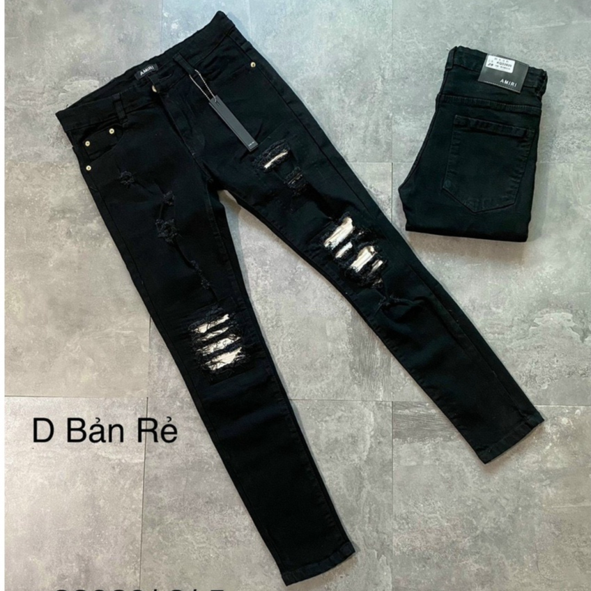 Quần Jean Skinny Nam Đen Gối Vá Da Trắng Quần Bò Amiri Đen Nam Rách Vá Gối Họa Tiết Mẫu Hot