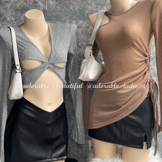Áo Len Tay Dài Xám Cut Out Xẻ Ngư.c, Áo Croptop Dệt Kim Dài Tay Sexy Ulzzang