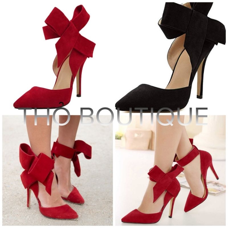 Giày cao gót FZM da lộn nhung cổ chân đính nơ 10cm size 37-38 màu đen, đỏ tươi