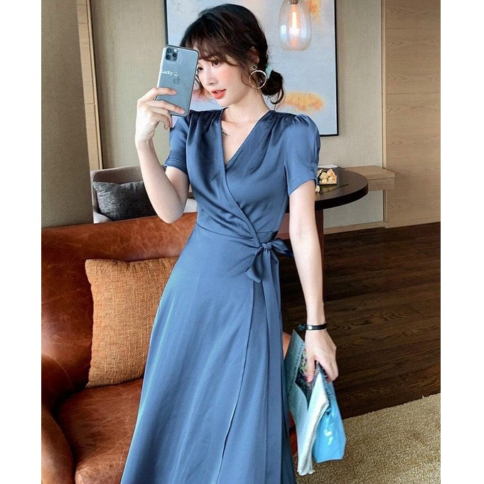 Đầm Nữ Kiểu Pháp Cổ V,Váy Dự Tiệc Maxi lụa Satin Cao Cấp Mềm Mịn Full 2 Lớp Quý Phái Sành Điệu Thời Trang Thiết Kế [MJP]