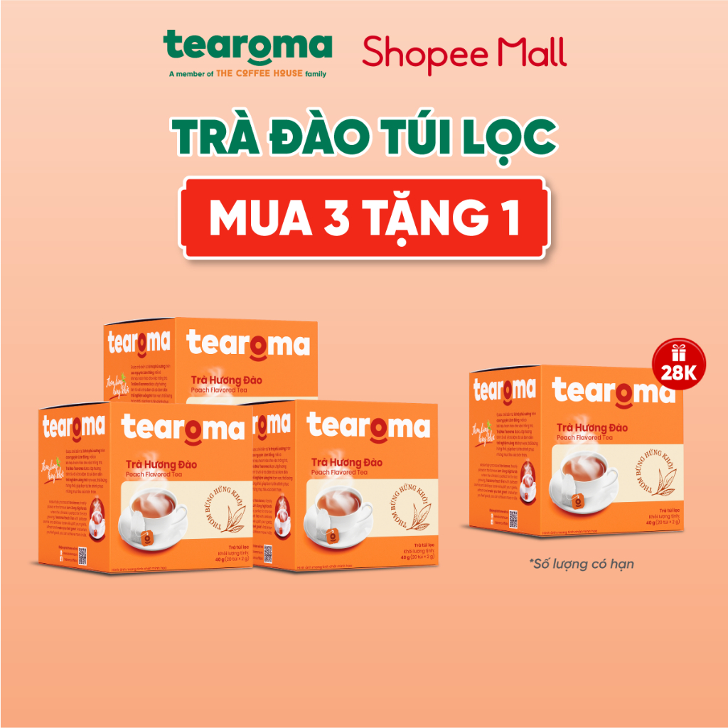 [Mua 3 tặng 1] Tearoma Trà Đào túi lọc 20 gói x 2 gr