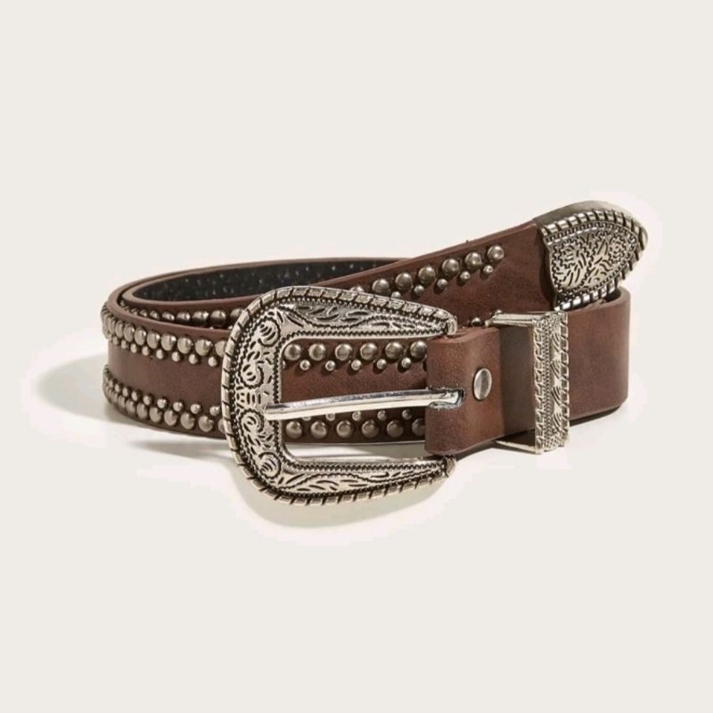 Thắt lưng da nâu đinh tán khoá bạc hoa văn vintage cổ điển western