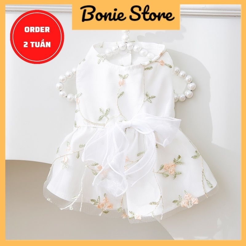 Đầm Váy Công Chúa Váy Cưới Chó Mèo Thú Cưng Thêu Hoa Lá Đính Nơ Xuân Hè