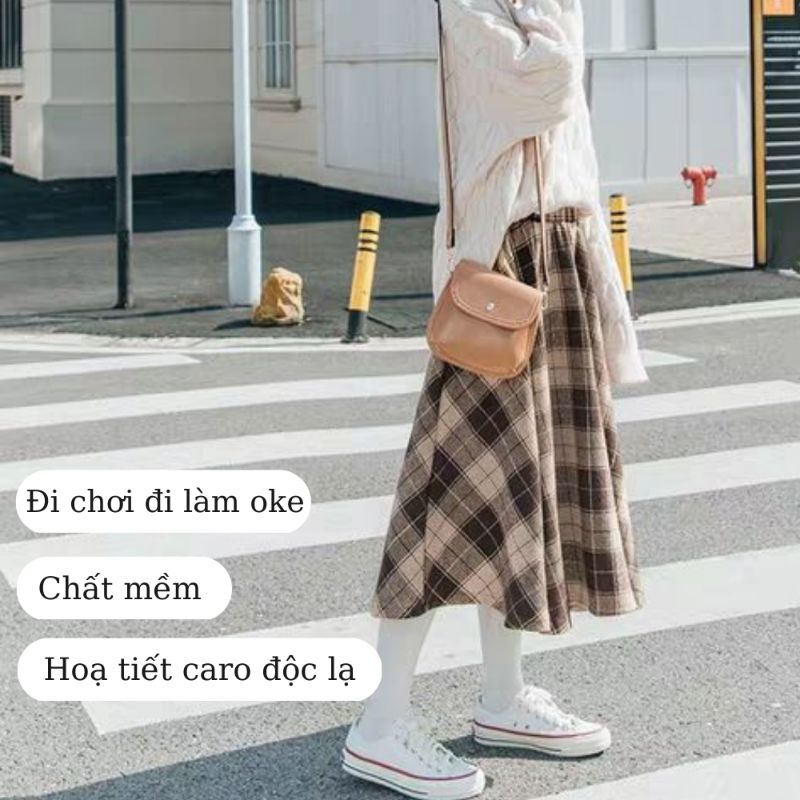 Chân váy kẻ caro dáng dài qua gối phong cách hàn quốc,chân váy dài hàn quốc kẻ màu nâu be vải thô 04