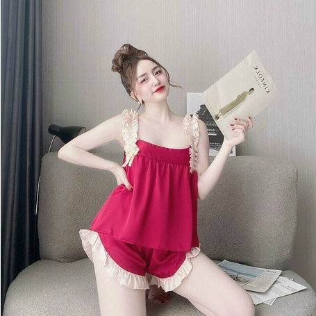 Bộ lụa satin bèo tiểu thư dây vai nhúng nơ nhí dễ thương dưới 56kg - LNS