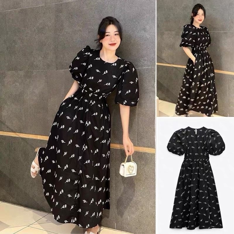 Váy đen hoa trắng chun eo tay bồng dáng dài style Hàn Quốc trẻ trung sang chảnh (40-60kg)- Có buôn sỉ -SP 2654