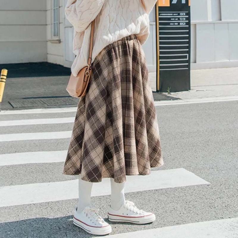 Chân váy kẻ caro dáng dài qua gối phong cách hàn quốc,chân váy dài hàn quốc kẻ màu nâu be vải thô 04