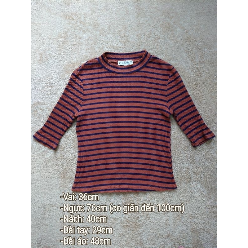 Áo len mông tơ ghi nữ sọc gân form ngắn cổ 3cm tay lửng kẻ sọc ngang màu nâu phối xanh đen (Secondhand/Used/Si)