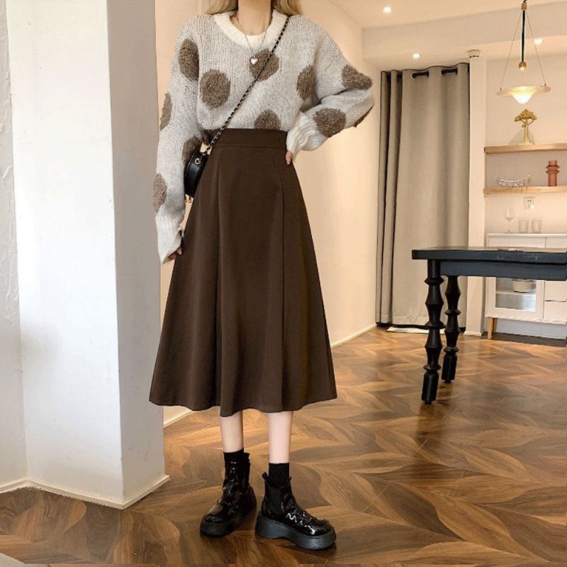 Chán váy chữ a dài qua gối phong cách hàn quốc,chân váy nỉ dáng dài cạp chun màu nâu be 05