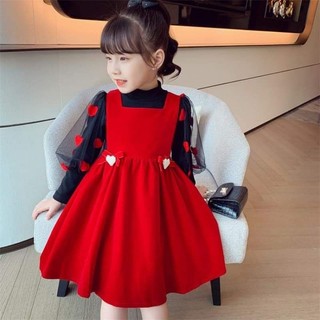 Set Áo Kiểu + Đầm Yếm 2 Dây Họa Tiết Trái Tim Xinh Xắn Cho Bé Gái 0-4 Tuổi