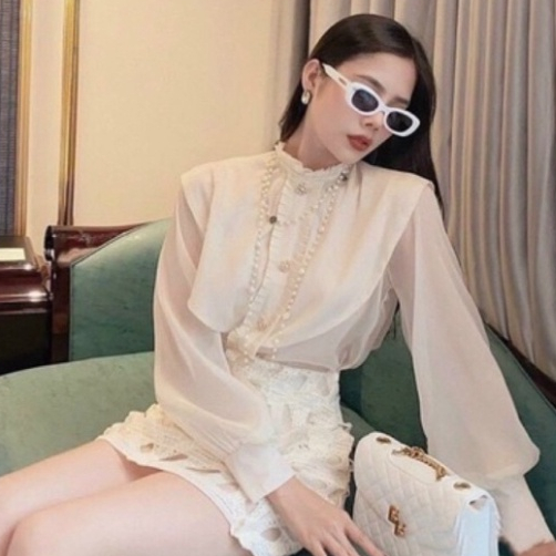 Áo sơ mi 2 lớp tiểu thư khuy ngọc siêu xinh nội y xanh - chất mát - màu be dáng đẹp, bánh bèo