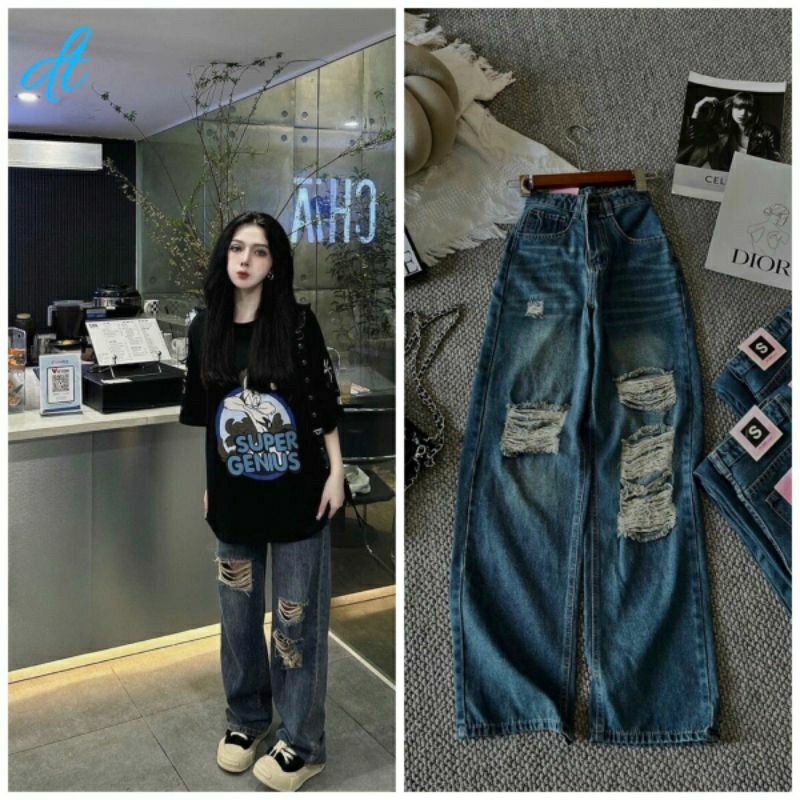Quần jeans nữ ống suông rộng màu xanh đậm rách nhiều phong cách bụi, cá tính -dt