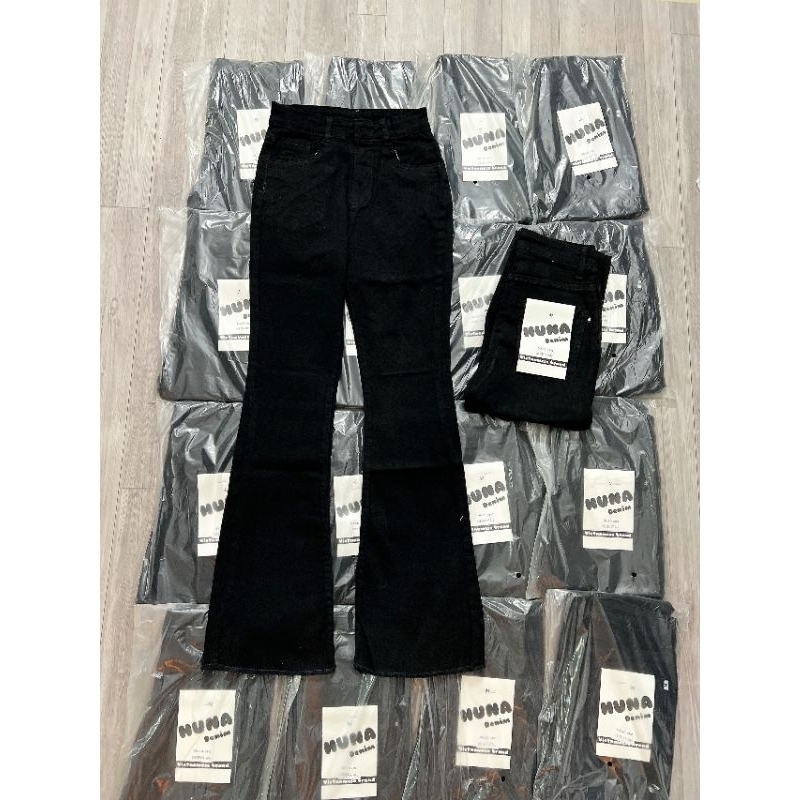 Quần bò, quần jeans đen ống loe, 1 cúc cạp cao kéo dài chân
