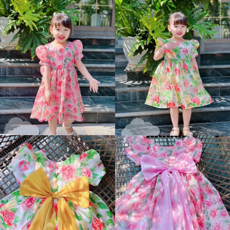 Váy (8_30kg) hoa hồng nơ lưng tiểu thư bé gái