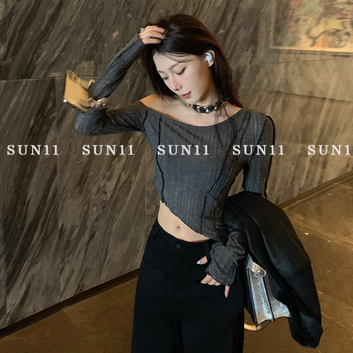 Áo Thun Xuyên Thấu Lệch Vai Thun Tay Dài, Áo Croptop Mỏng Nhẹ Mềm Mại Ulzzang Sexy