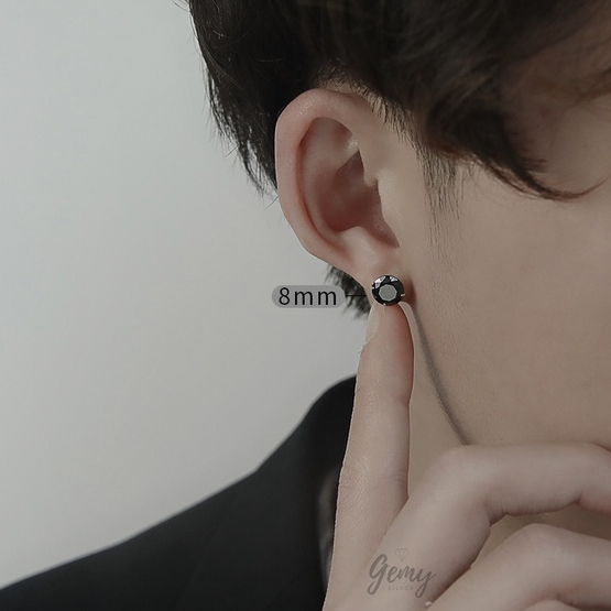 Khuyên tai nam bạc s925 màu đen nụ đá nhân tạo nhiều size đơn giản, unisex (1 chiếc) | GEMY SILVER K256