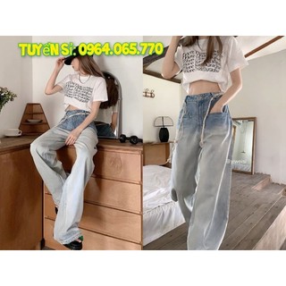 Set áo croptop pull trắng chữ quần suông jean
