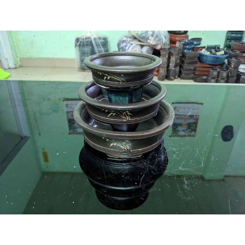 Set 3 chậu tròn men nâu cafe hoạ tiết vẽ thủ công đẹp