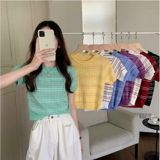 Áo dệt kim nữ kẻ sọc cổ tròn