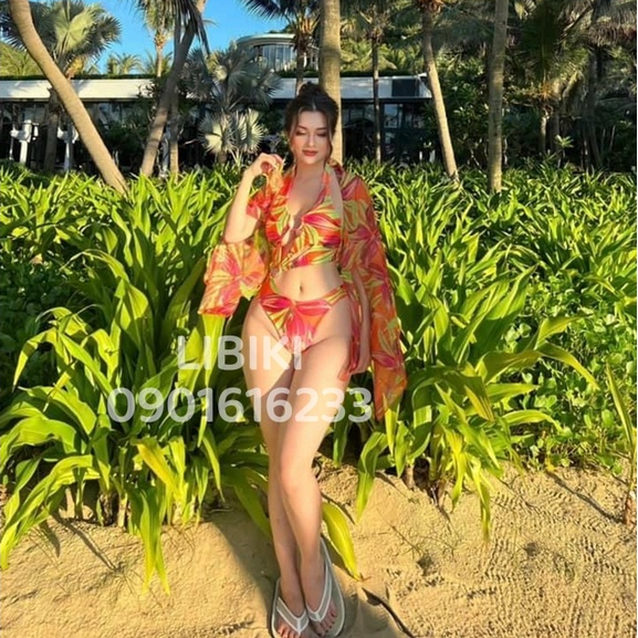 Set bikini tam giác, set đồ bơi liền lá cam neon khuyên lệch kèm khăn voan cao cấp