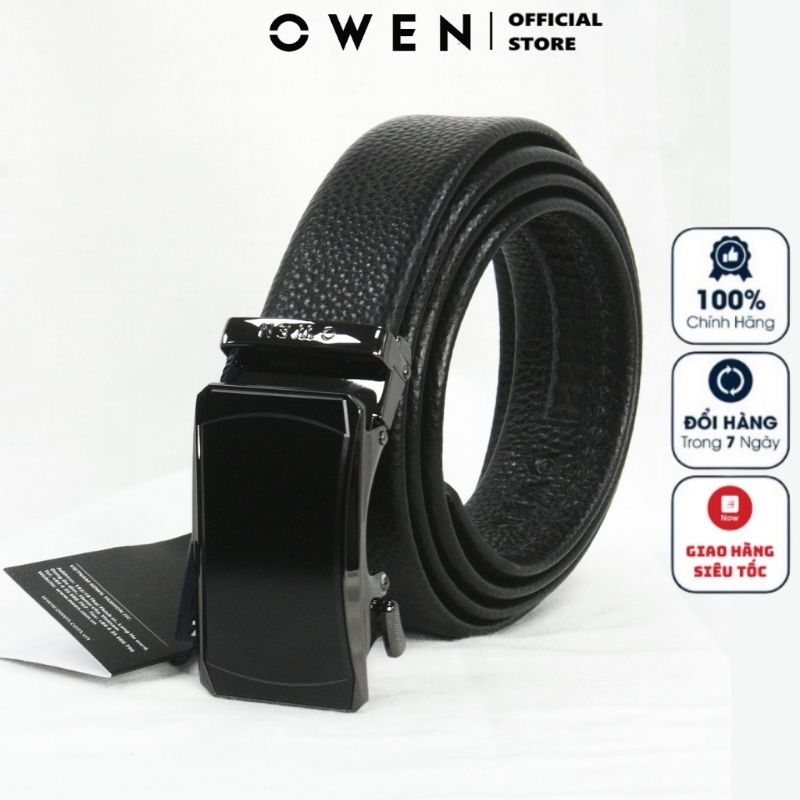 Thắt lưng da bò nam cao cấp OWEN BELT220595 dây nịt da thật màu đen mặt hợp kim đúc nguyên khối khóa trượt tự động