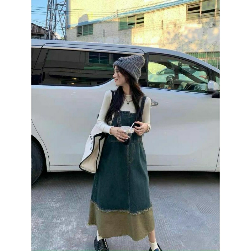 Váy Yếm Jean Nâu yếm váy bò hai tầng