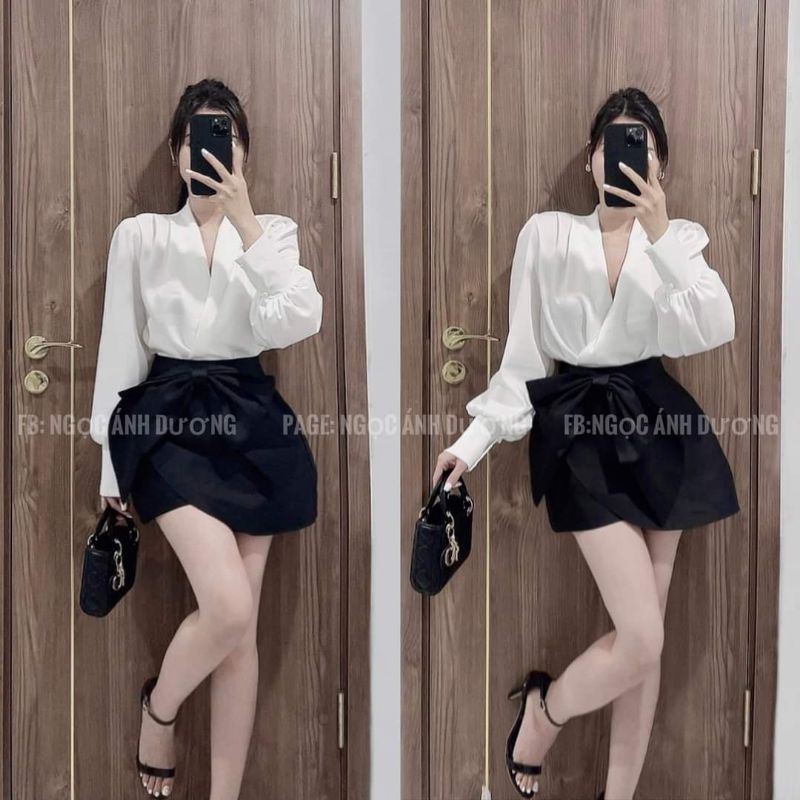 Set áo vạt chéo + quần ngắn nơ ( thun dày , có mút )