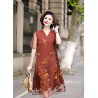 Đầm váy trung niên cao cấp mùa hè 2 lớp thêu, đầm cổ V thêu, thời trang trung niên DTN cao cấp
