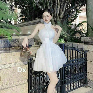 Đầm nữ đi tiệc cổ yếm, váy nữ chất liệu vải voan 2 lớp có mút ngực freesize NHƯ Ý
